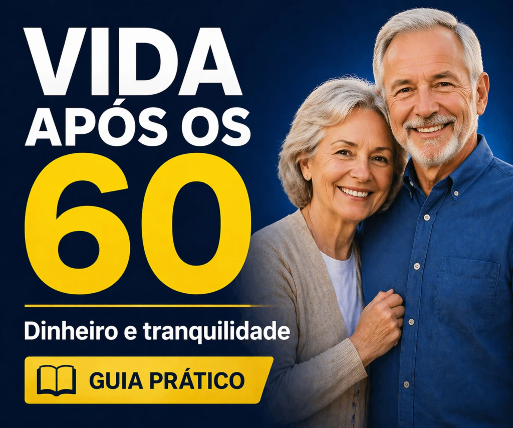 capa do e-book vida após os 60 com casal feliz e foco em tranquilidade, saúde e renda
